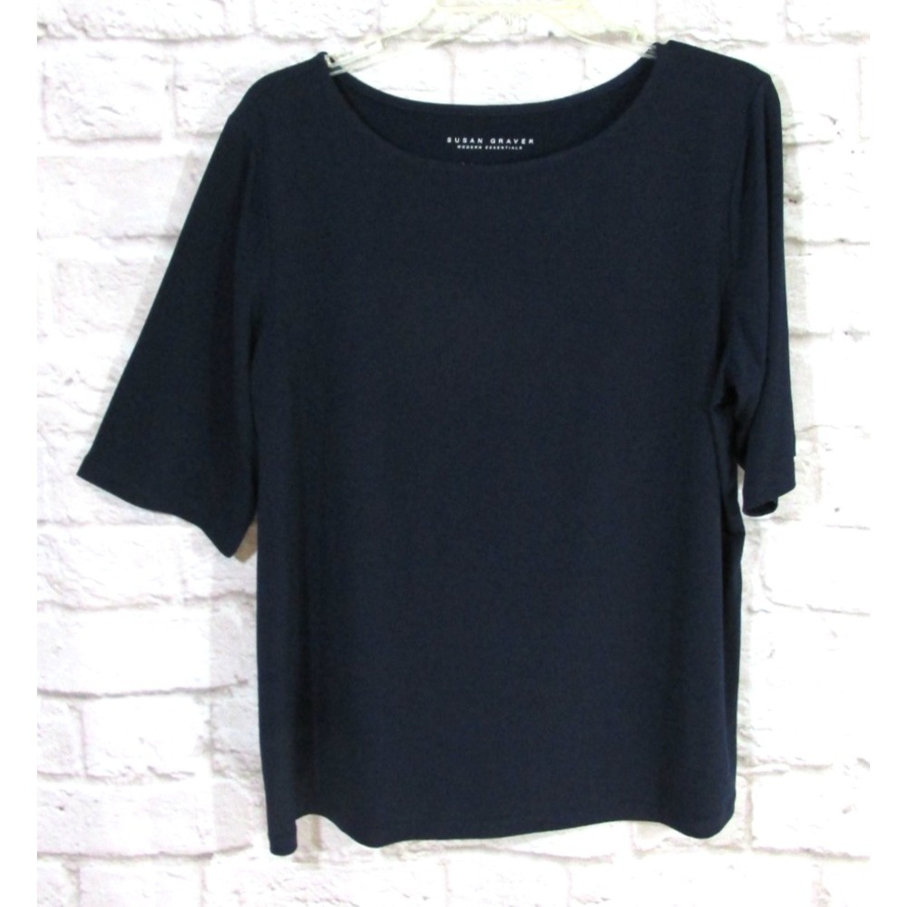 Susan Graver Modern Essentials Liquid Knit Short Sleeve Top Womens Large Navy